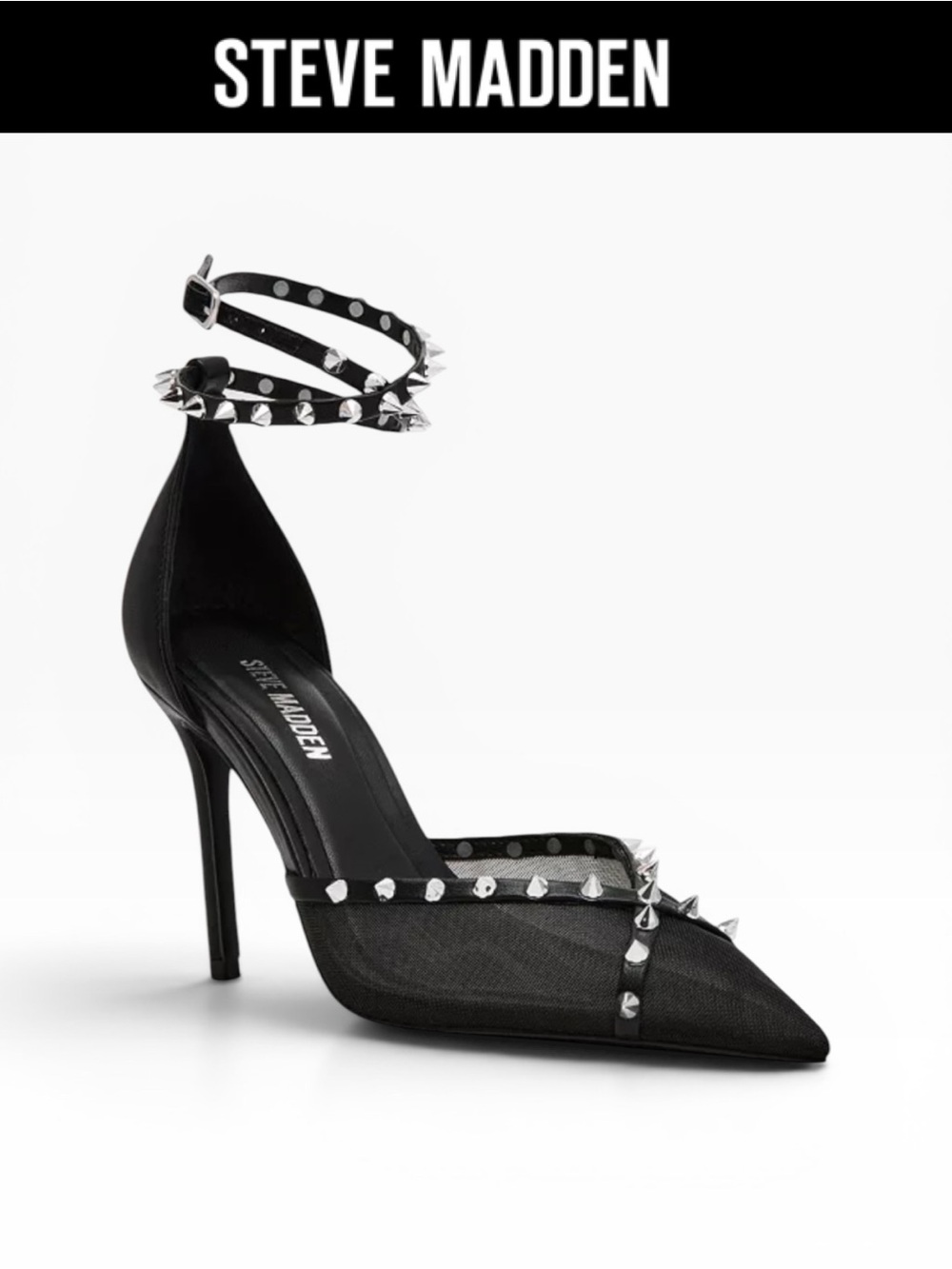 STEVE MADDEN LUPTON BLACK MESH STUDDED SPIKE ANKLE WRAP STILETTO HEELS SIZE 9.5